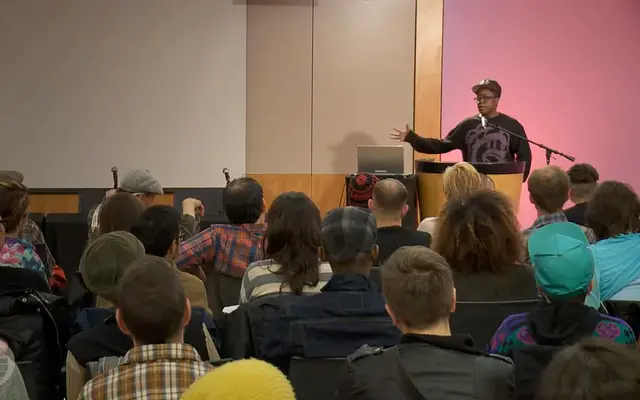Cheryl Dunye presenting her film "The Watermelon Woman" at the Radar Reading Series in the San Francisco Public Library in June 2016.