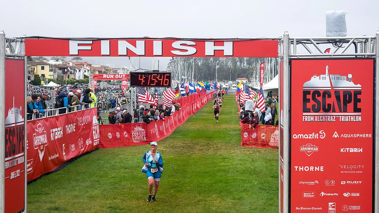 Runners completing the third leg of the 2022 Escape From Alcatraz Triathlon on the Marina Green of San Francisco, California.