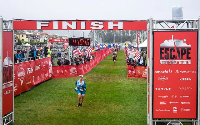 Runners completing the third leg of the 2022 Escape From Alcatraz Triathlon on the Marina Green of San Francisco, California.