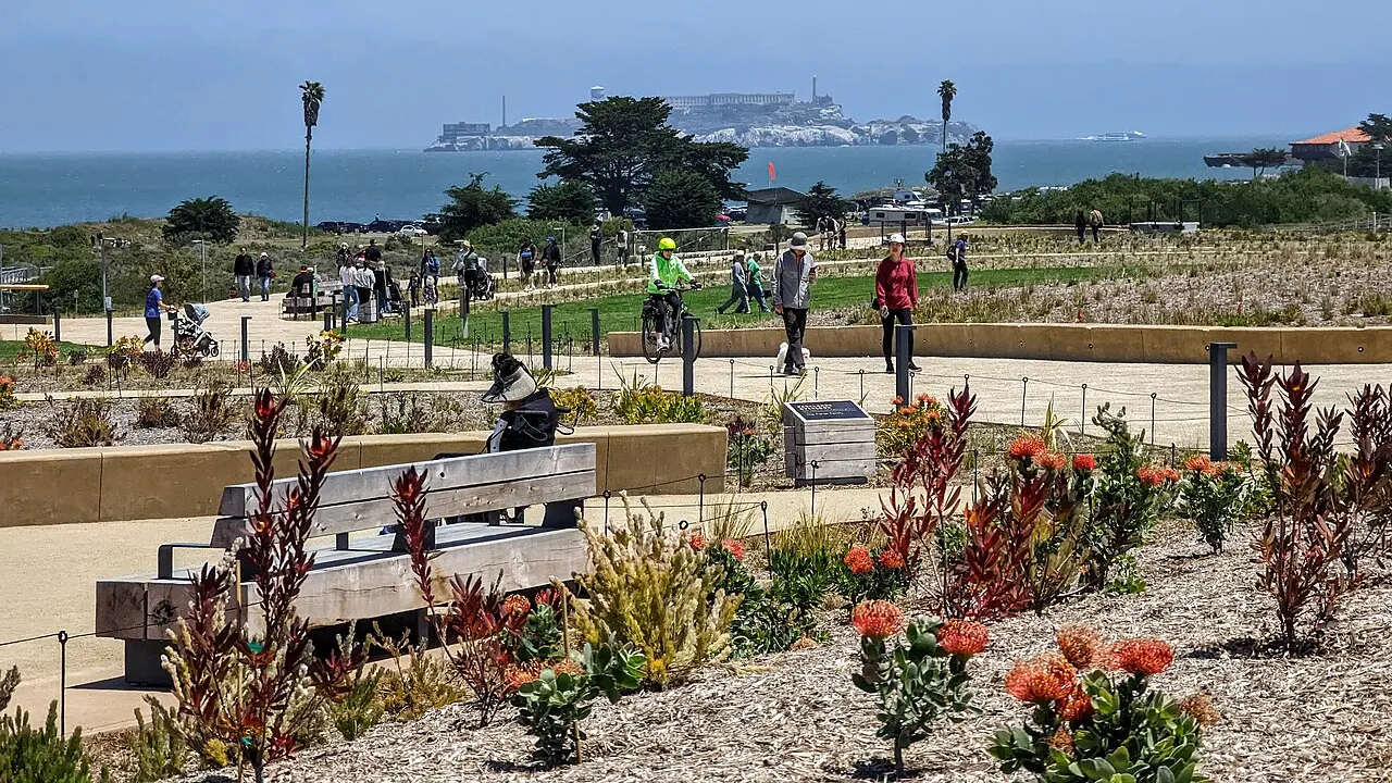Presidio Tunnel Tops park view, with Alcatraz Island in the background, on July 18, 2022, the day after it opened to the public