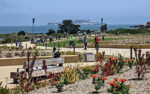 Presidio Tunnel Tops park view, with Alcatraz Island in the background, on July 18, 2022, the day after it opened to the public