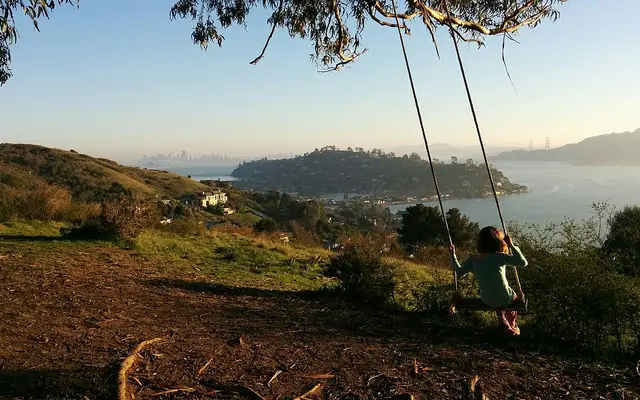 Swing at the Hippie Tree in Tiburon (California, USA) with views to San Francisco and the Golden Gate Bridge.