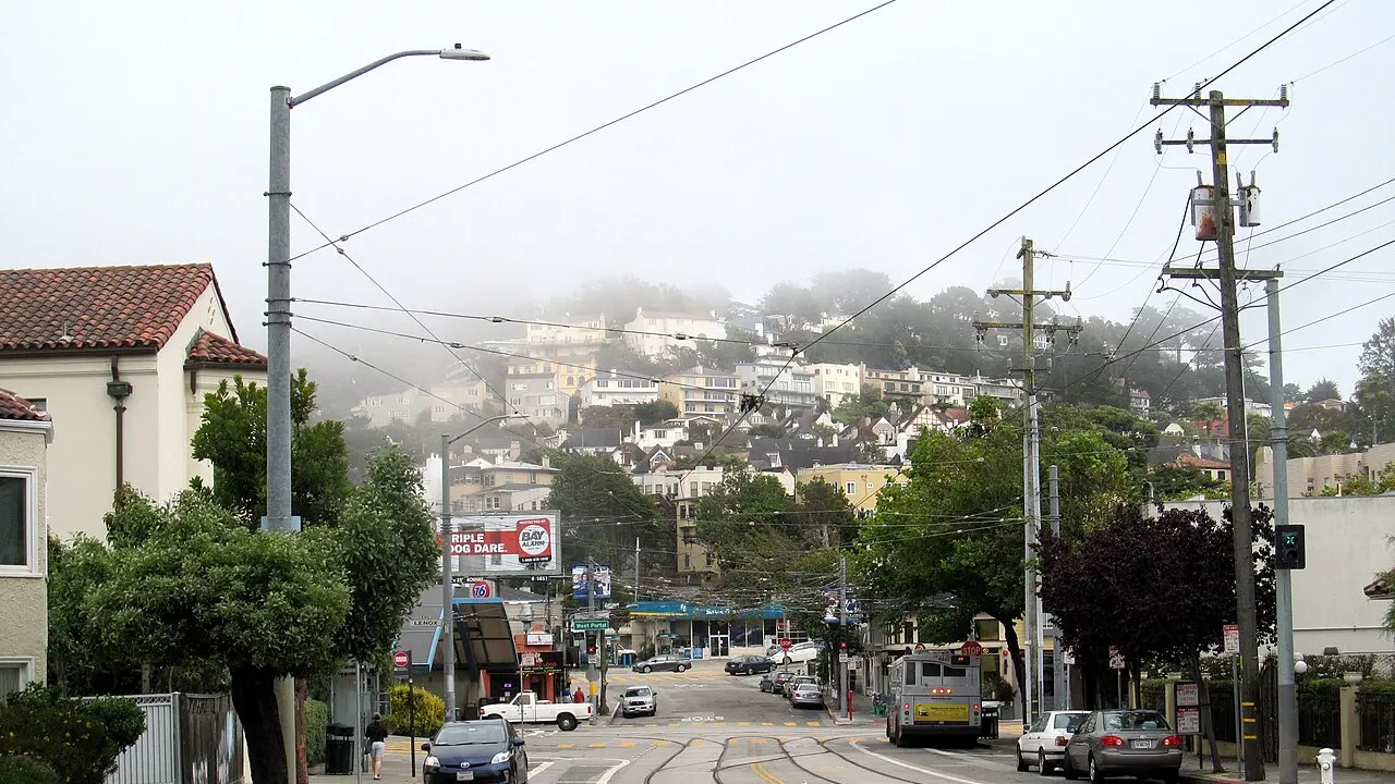 A foggy day on Ulloa Street in West Portal, San Francisco in June 2017