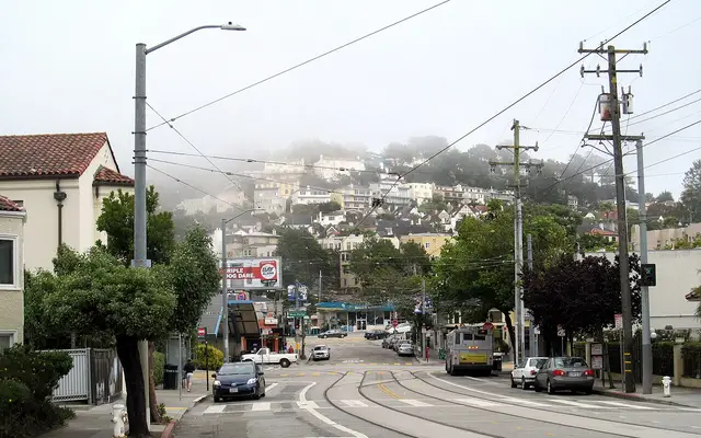 A foggy day on Ulloa Street in West Portal, San Francisco in June 2017